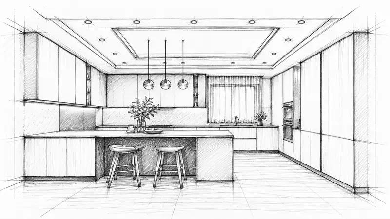 طراحی و اسکیس دستی کابینت آشپزخانه مدرن و جزیره در سیناچوب